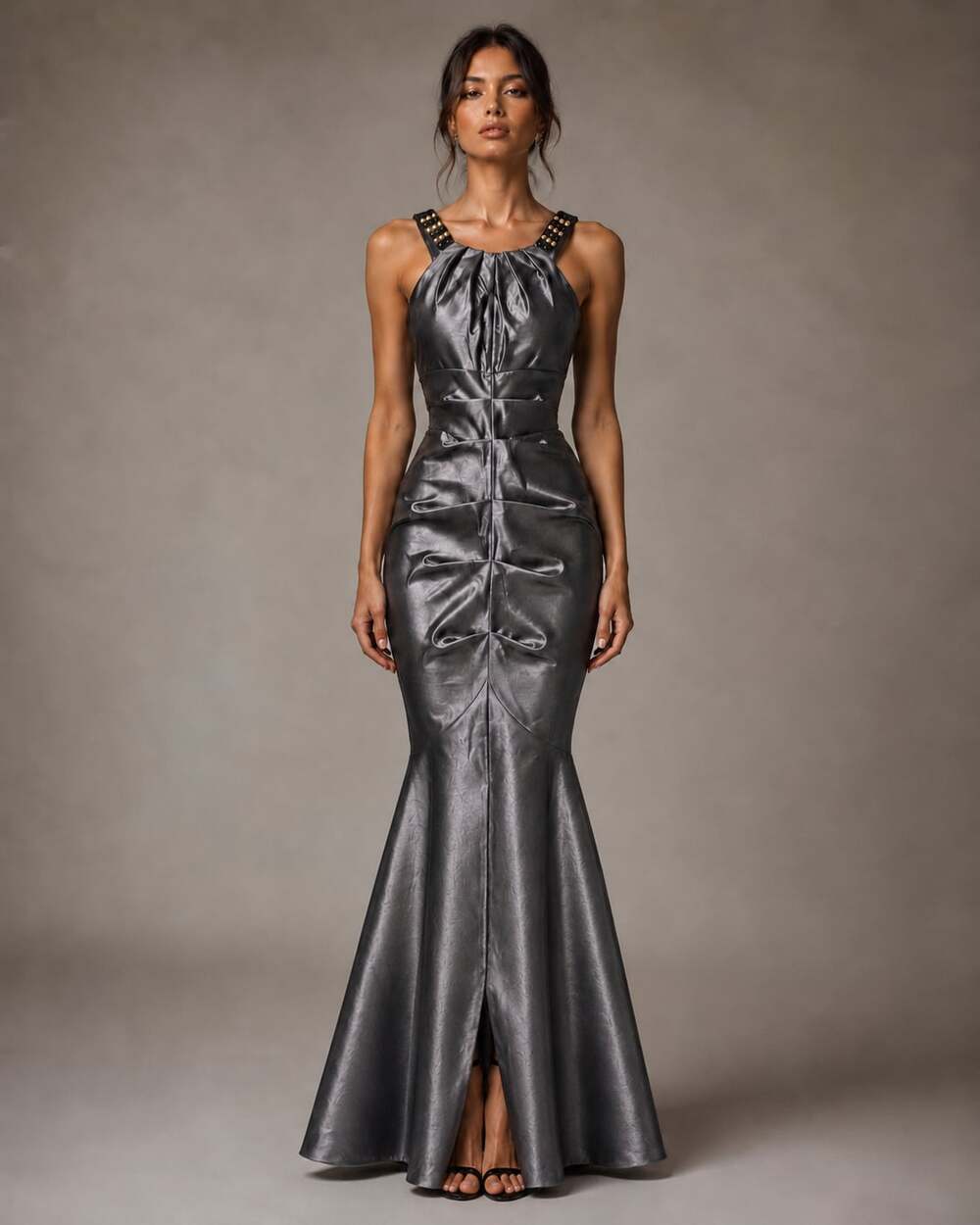 Juno Dress Collection Metallic Gray Taffeta Beaded Neckline Formal Gown Style 87